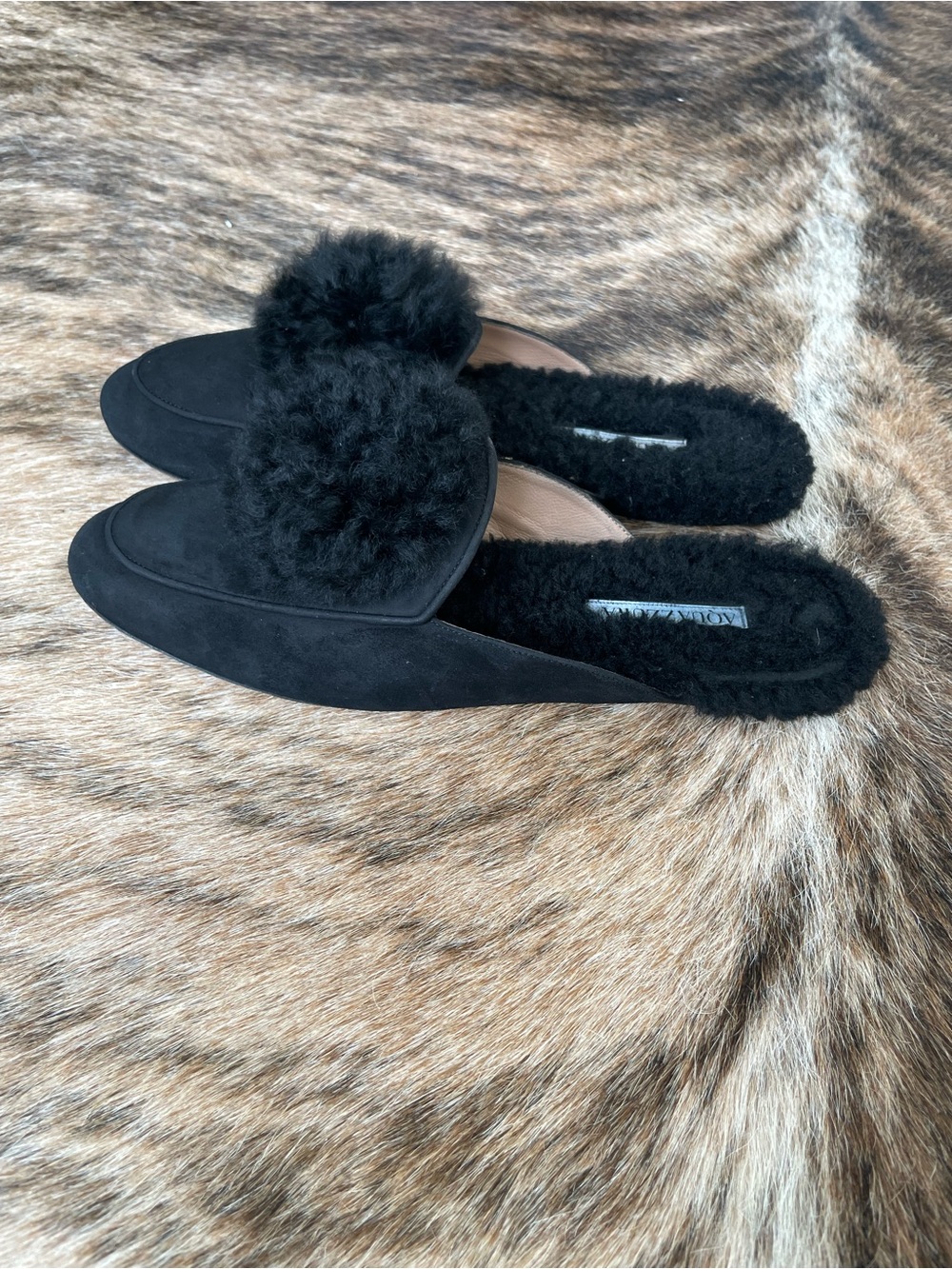 Aquazzura Foxy Black Suede Shearling Mules EU 40